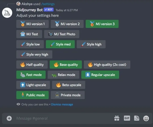 MidJourney Bot Settings Command